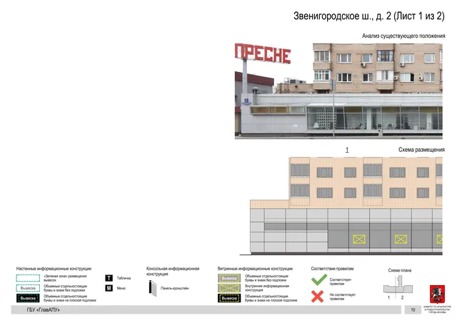 Архитектурная концепция размещения вывесок — Звенигородское шоссе, 2, Москва, лист 1 из 2 · Документ по адресу · Архитектурно-художественная концепция · 2019 год