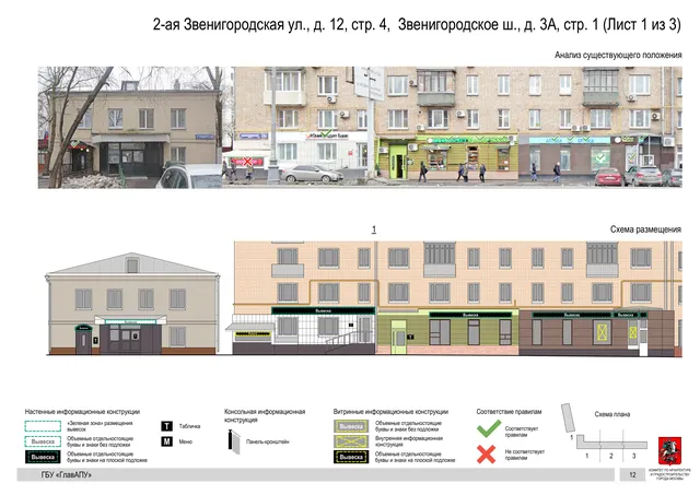 Архитектурная концепция размещения вывесок — Звенигородское шоссе, 3А, стр. 1, Москва, лист 1 из 3 · Документ по адресу · Архитектурно-художественная концепция · 2019 год