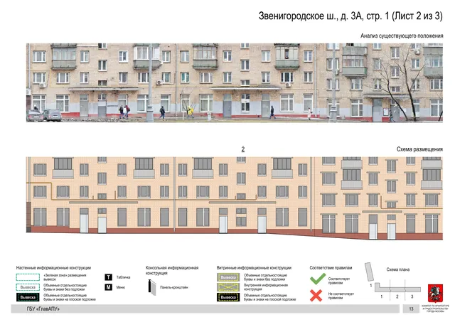 Архитектурная концепция размещения вывесок — Звенигородское шоссе, 3А, стр. 1, Москва, лист 2 из 3 · Документ по адресу · Архитектурно-художественная концепция · 2019 год