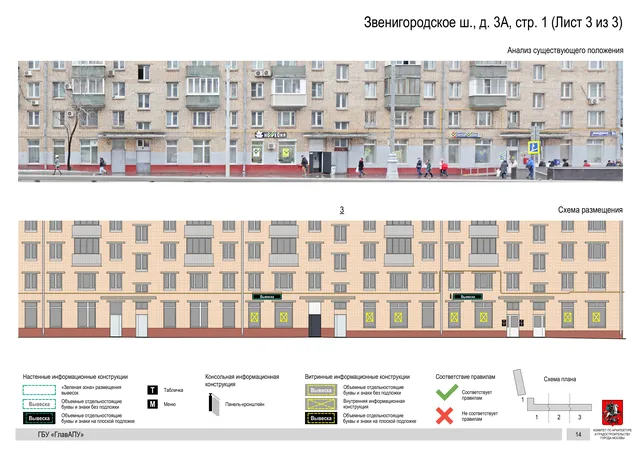 Архитектурная концепция размещения вывесок — Звенигородское шоссе, 3А, стр. 1, Москва, лист 3 из 3 · Документ по адресу · Архитектурно-художественная концепция · 2019 год