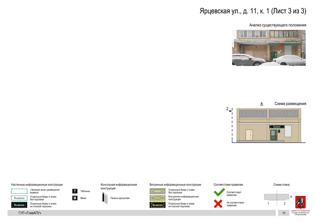 Архитектурная концепция размещения вывесок — Ярцевская улица, 11, корп. 1, Москва, лист 3 из 3 · Документ по адресу · Архитектурно-художественная концепция · 2016 год