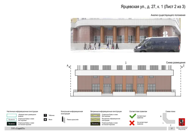 Архитектурная концепция размещения вывесок — Ярцевская улица, 27, корп. 1, Москва, лист 2 из 3 · Документ по адресу · Архитектурно-художественная концепция · 2016 год