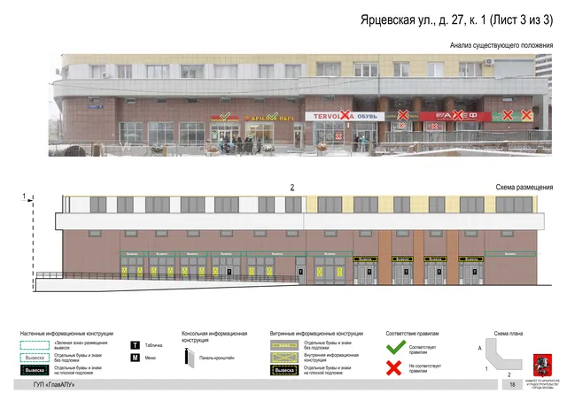 Архитектурная концепция размещения вывесок — Ярцевская улица, 27, корп. 1, Москва, лист 3 из 3 · Документ по адресу · Архитектурно-художественная концепция · 2016 год