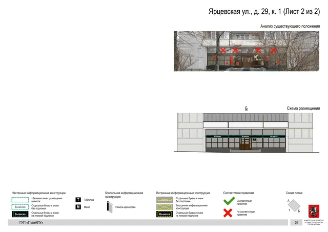 Архитектурная концепция размещения вывесок — Ярцевская улица, 29, корп. 1, Москва, лист 2 из 2 · Документ по адресу · Архитектурно-художественная концепция · 2016 год