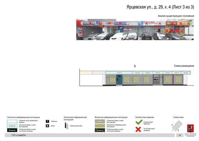 Архитектурная концепция размещения вывесок — Ярцевская улица, 29, корп. 4, Москва, лист 3 из 3 · Документ по адресу · Архитектурно-художественная концепция · 2016 год