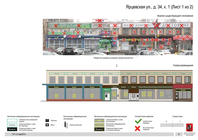 Архитектурная концепция размещения вывесок — Ярцевская улица, 34, корп. 1, Москва, лист 1 из 2 · Документ по адресу · Архитектурно-художественная концепция · 2016 год