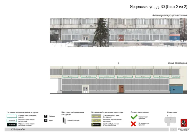 Архитектурная концепция размещения вывесок — Ярцевская улица, 30, Москва, лист 2 из 2 · Документ по адресу · Архитектурно-художественная концепция · 2016 год