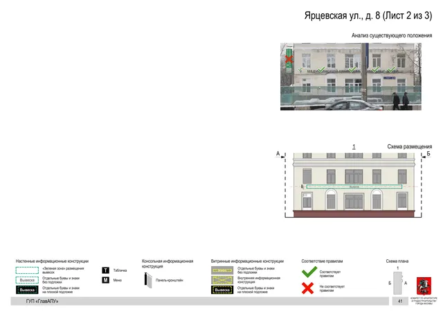 Архитектурная концепция размещения вывесок — Ярцевская улица, 8, Москва, лист 2 из 3 · Документ по адресу · Архитектурно-художественная концепция · 2016 год