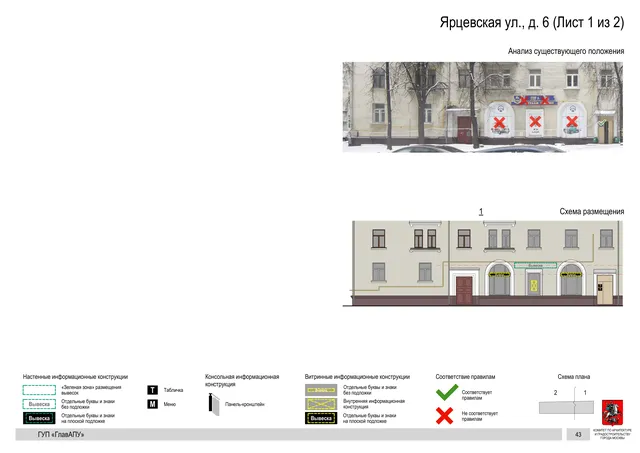 Архитектурная концепция размещения вывесок — Ярцевская улица, 6, Москва, лист 1 из 2 · Документ по адресу · Архитектурно-художественная концепция · 2016 год