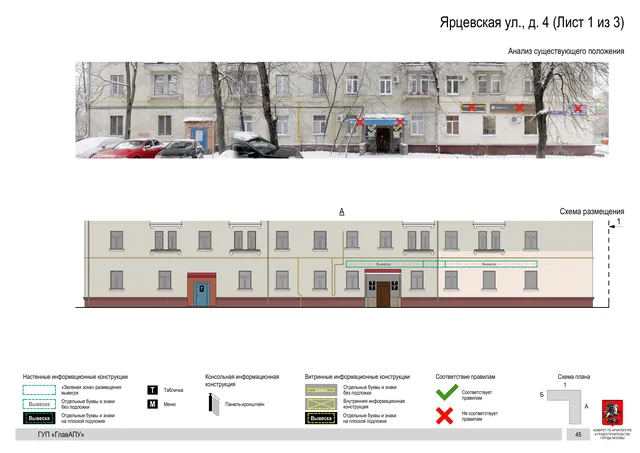 Архитектурная концепция размещения вывесок — Ярцевская улица, 4, Москва, лист 1 из 3 · Документ по адресу · Архитектурно-художественная концепция · 2016 год