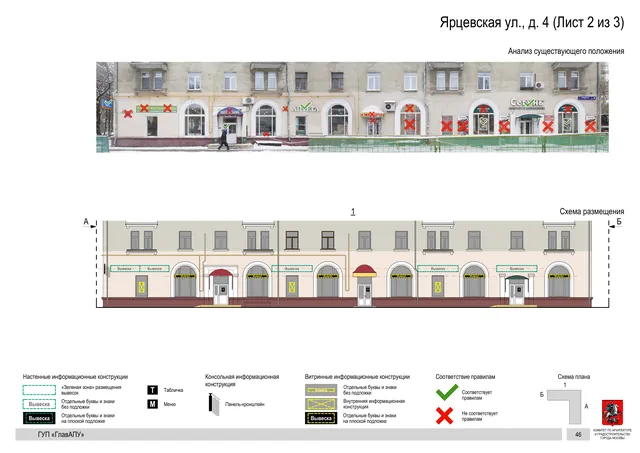 Архитектурная концепция размещения вывесок — Ярцевская улица, 4, Москва, лист 2 из 3 · Документ по адресу · Архитектурно-художественная концепция · 2016 год