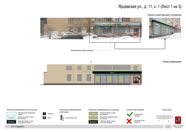 Архитектурная концепция размещения вывесок — Ярцевская улица, 11, корп. 1, Москва, лист 1 из 3 · Документ по адресу · Архитектурно-художественная концепция · 2016 год
