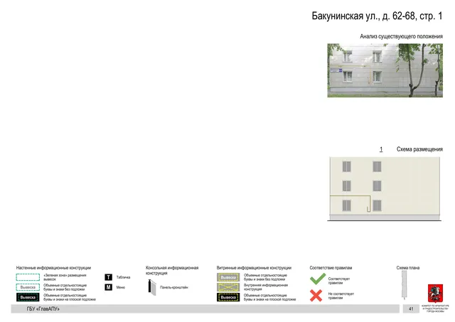 Архитектурная концепция размещения вывесок — Бакунинская улица, 62-68, стр. 1, Москва, страница PDF 44 · Документ по адресу · Архитектурно-художественная концепция · 2020 год