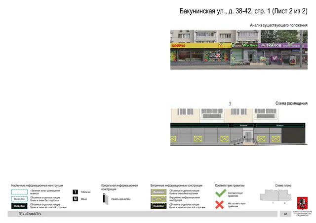 Архитектурная концепция размещения вывесок — Бакунинская улица, 38-42, стр. 1, Москва, лист 2 из 2 · Документ по адресу · Архитектурно-художественная концепция · 2020 год