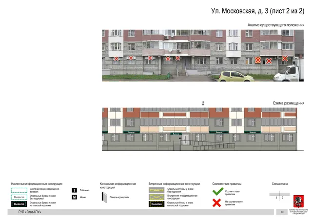 Архитектурная концепция размещения вывесок — Московская улица, 3, Москва, лист 2 из 2 · Документ по адресу · Архитектурно-художественная концепция · 2016 год