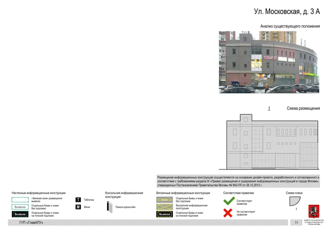 Архитектурная концепция размещения вывесок — Московская улица, 3А, Москва, страница PDF 11 · Документ по адресу · Архитектурно-художественная концепция · 2016 год