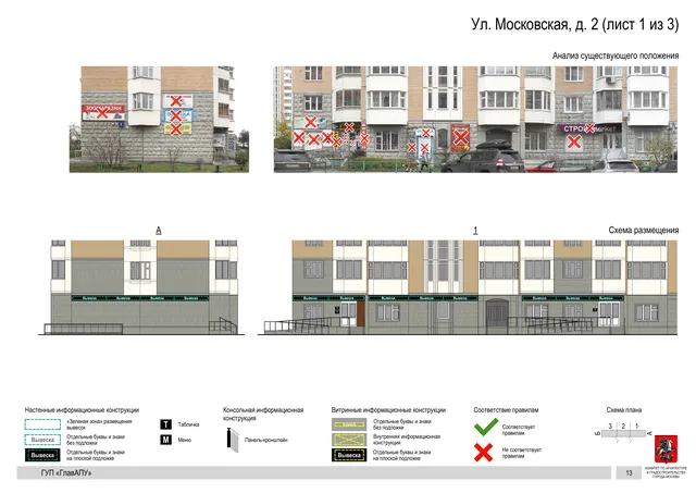 Архитектурная концепция размещения вывесок — Московская улица, 2, Москва, лист 1 из 3 · Документ по адресу · Архитектурно-художественная концепция · 2016 год