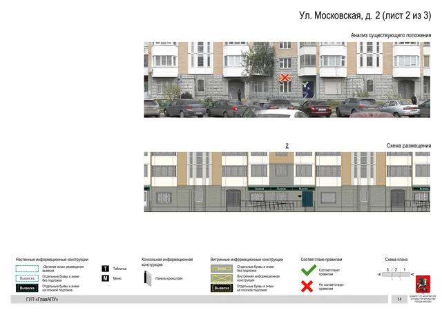 Архитектурная концепция размещения вывесок — Московская улица, 2, Москва, лист 2 из 3 · Документ по адресу · Архитектурно-художественная концепция · 2016 год