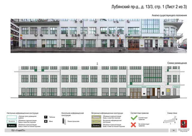 Архитектурная концепция размещения вывесок — Лубянский проезд, 13/3, стр. 1, Москва, лист 2 из 3 · Документ по адресу · Архитектурно-художественная концепция