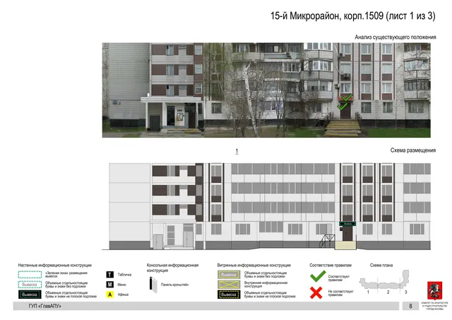 Архитектурная концепция размещения вывесок — 15-й микрорайон, корп. 1509, Москва, лист 1 из 3 · Документ по адресу · Архитектурно-художественная концепция · 2016 год