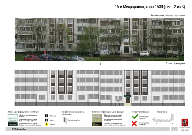 Архитектурная концепция размещения вывесок — 15-й микрорайон, корп. 1509, Москва, лист 2 из 3 · Документ по адресу · Архитектурно-художественная концепция · 2016 год
