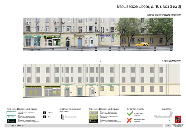 Архитектурная концепция размещения вывесок — Варшавское шоссе, 16, Москва, лист 3 из 3 · Документ по адресу · Архитектурно-художественная концепция · 2020 год