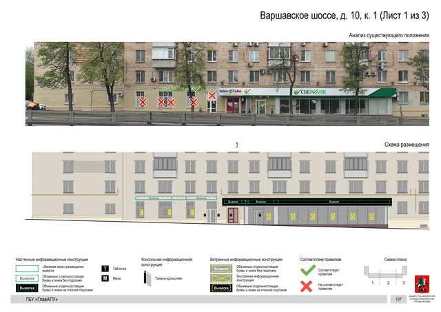 Архитектурная концепция размещения вывесок — Варшавское шоссе, 10, корп. 1, Москва, лист 1 из 3 · Документ по адресу · Архитектурно-художественная концепция · 2020 год