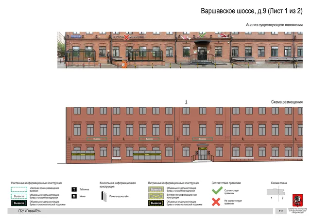Архитектурная концепция размещения вывесок — Варшавское шоссе, 9, Москва, лист 1 из 2 · Документ по адресу · Архитектурно-художественная концепция · 2020 год
