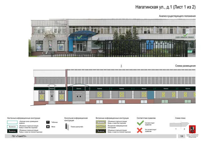 Архитектурная концепция размещения вывесок — Нагатинская улица, 1, Москва, лист 1 из 2 · Документ по адресу · Архитектурно-художественная концепция · 2020 год