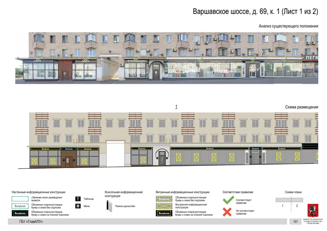 Архитектурная концепция размещения вывесок — Варшавское шоссе, 69, корп. 1, Москва, лист 1 из 2 · Документ по адресу · Архитектурно-художественная концепция · 2020 год