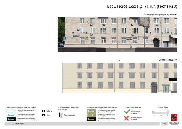 Архитектурная концепция размещения вывесок — Варшавское шоссе, 71, корп. 1, Москва, лист 1 из 3 · Документ по адресу · Архитектурно-художественная концепция · 2020 год
