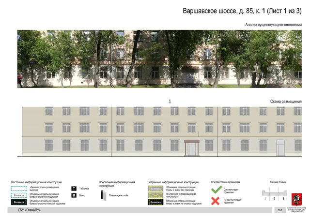 Архитектурная концепция размещения вывесок — Варшавское шоссе, 85, корп. 1, Москва, лист 1 из 3 · Документ по адресу · Архитектурно-художественная концепция · 2020 год