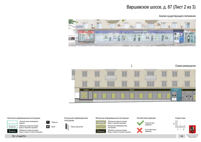 Архитектурная концепция размещения вывесок — Варшавское шоссе, 87, Москва, лист 2 из 3 · Документ по адресу · Архитектурно-художественная концепция · 2020 год