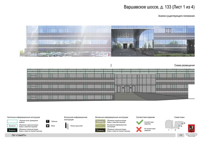 Архитектурная концепция размещения вывесок — Варшавское шоссе, 133, Москва, лист 1 из 4 · Документ по адресу · Архитектурно-художественная концепция · 2020 год