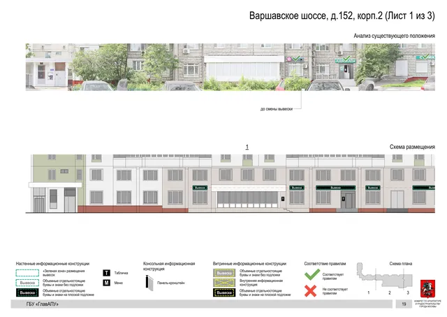 Архитектурная концепция размещения вывесок — Варшавское шоссе, 152, корп. 2, Москва, лист 1 из 3 · Документ по адресу · Архитектурно-художественная концепция · 2020 год