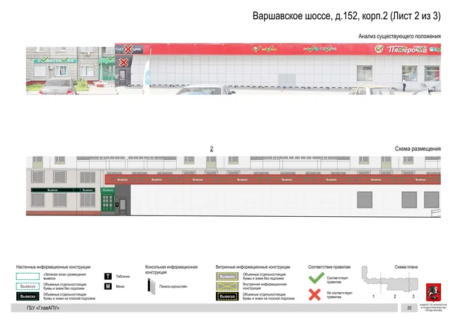 Архитектурная концепция размещения вывесок — Варшавское шоссе, 152, корп. 2, Москва, лист 2 из 3 · Документ по адресу · Архитектурно-художественная концепция · 2020 год