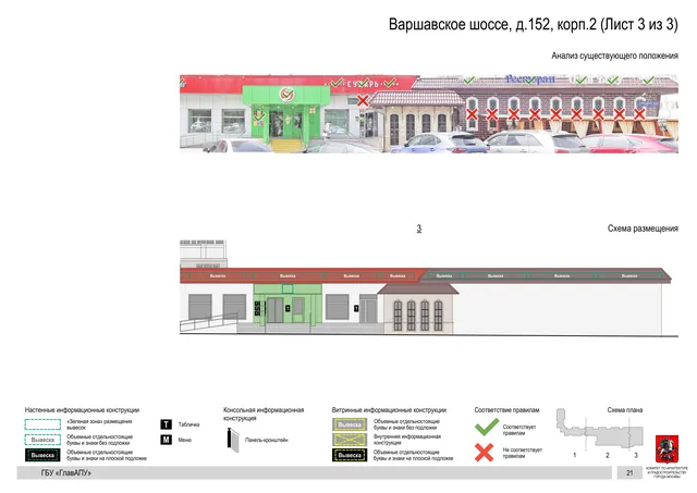 Архитектурная концепция размещения вывесок — Варшавское шоссе, 152, корп. 2, Москва, лист 3 из 3 · Документ по адресу · Архитектурно-художественная концепция · 2020 год