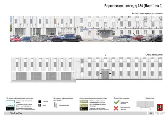 Архитектурная концепция размещения вывесок — Варшавское шоссе, 134, Москва, лист 1 из 2 · Документ по адресу · Архитектурно-художественная концепция · 2020 год