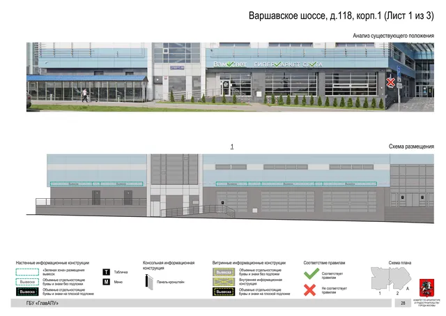 Архитектурная концепция размещения вывесок — Варшавское шоссе, 118, корп. 1, Москва, лист 1 из 3 · Документ по адресу · Архитектурно-художественная концепция · 2020 год