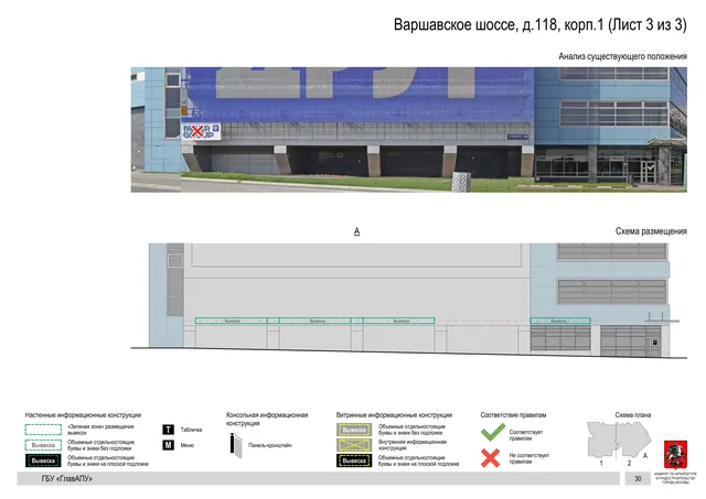 Архитектурная концепция размещения вывесок — Варшавское шоссе, 118, корп. 1, Москва, лист 3 из 3 · Документ по адресу · Архитектурно-художественная концепция · 2020 год