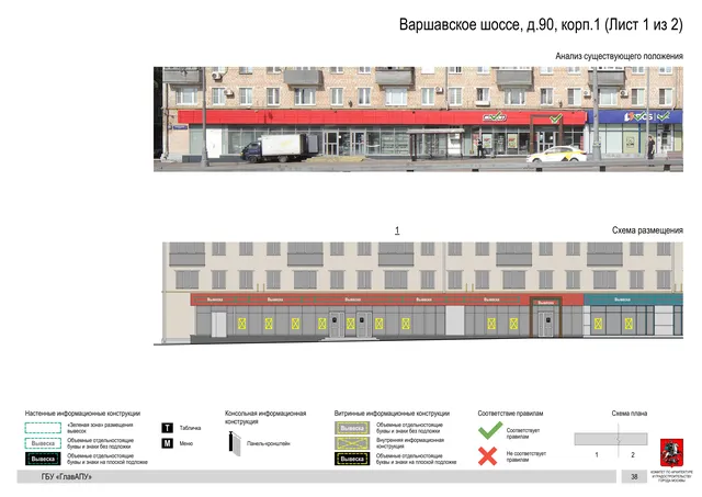 Архитектурная концепция размещения вывесок — Варшавское шоссе, 90, корп. 1, Москва, лист 1 из 2 · Документ по адресу · Архитектурно-художественная концепция · 2020 год