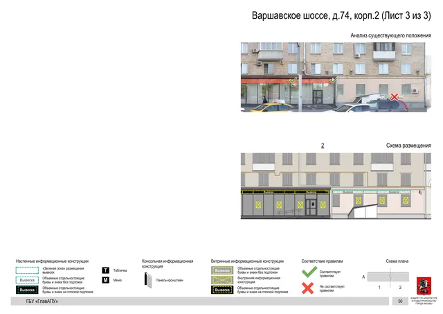 Архитектурная концепция размещения вывесок — Варшавское шоссе, 74, корп. 2, Москва, лист 3 из 3 · Документ по адресу · Архитектурно-художественная концепция · 2020 год