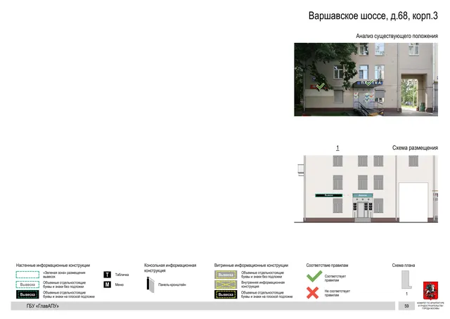 Архитектурная концепция размещения вывесок — Варшавское шоссе, 68, корп. 3, Москва, страница PDF 61 · Документ по адресу · Архитектурно-художественная концепция · 2020 год