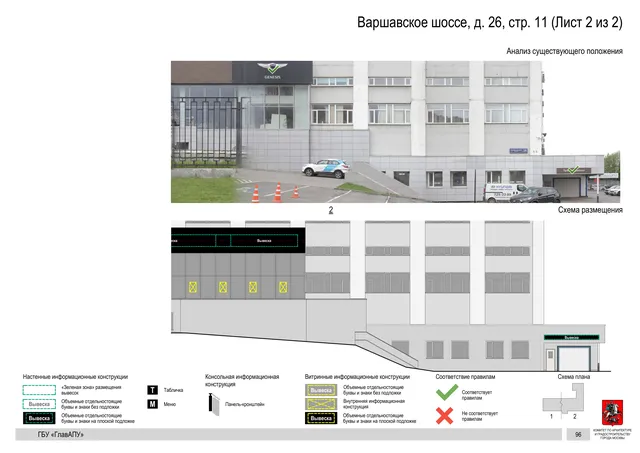 Архитектурная концепция размещения вывесок — Варшавское шоссе, 26, стр. 11, Москва, лист 2 из 2 · Документ по адресу · Архитектурно-художественная концепция · 2020 год