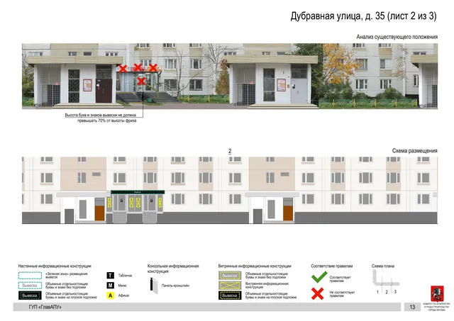 Архитектурная концепция размещения вывесок — Дубравная улица, 35, Москва, лист 2 из 3 · Документ по адресу · Архитектурно-художественная концепция · 2016 год
