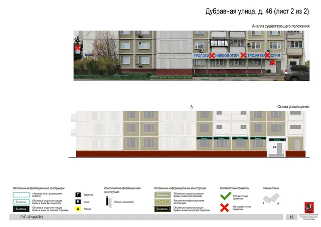 Архитектурная концепция размещения вывесок — Дубравная улица, 46, Москва, лист 2 из 2 · Документ по адресу · Архитектурно-художественная концепция · 2016 год