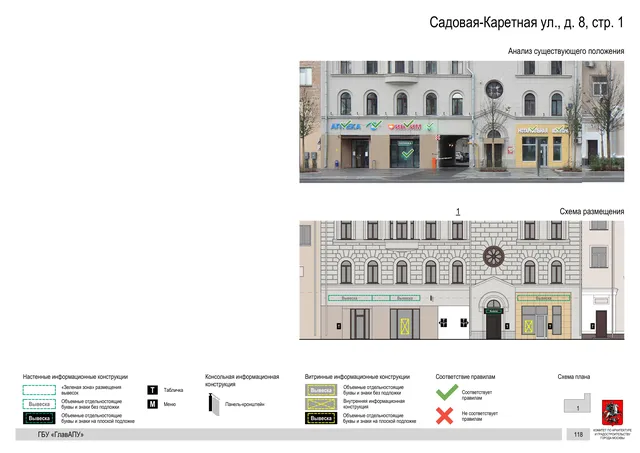 Садовая-Каретная ул., д. 8, стр. 1 · PDF 121 Архитектурная концепция размещения вывесок — Садовая-каретная улица, 8, стр. 1, Москва, страница PDF 121 · Документ по адресу · Архитектурно-художественная концепция