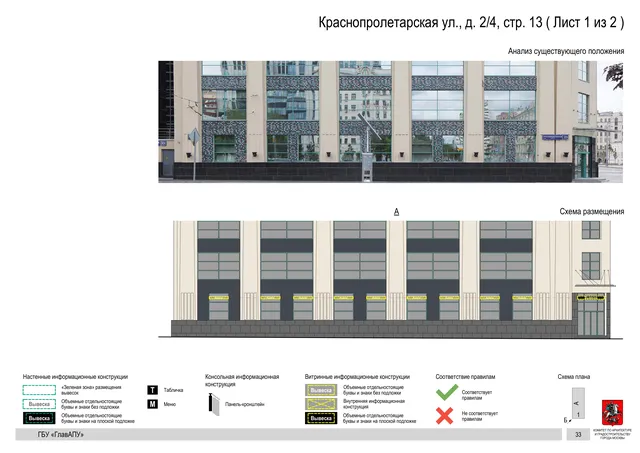 Архитектурная концепция размещения вывесок — Краснопролетарская улица, 2/4, стр. 13, Москва, лист 1 из 2 · Документ по адресу · Архитектурно-художественная концепция
