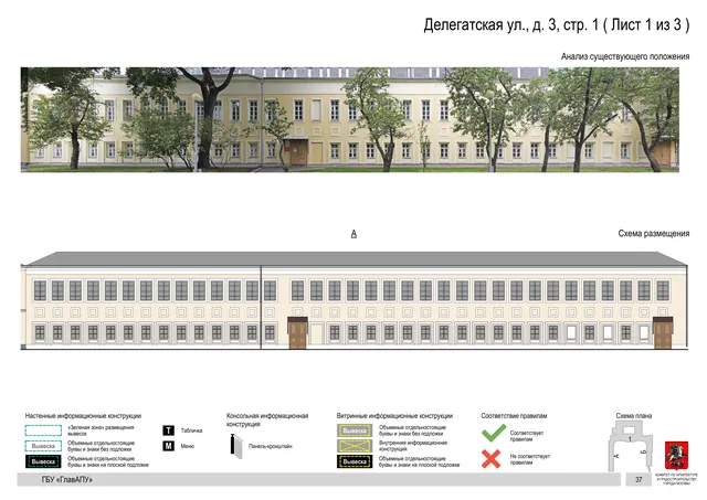 Архитектурная концепция размещения вывесок — Делегатская улица, 3, стр. 1, Москва, лист 1 из 3 · Документ по адресу · Архитектурно-художественная концепция