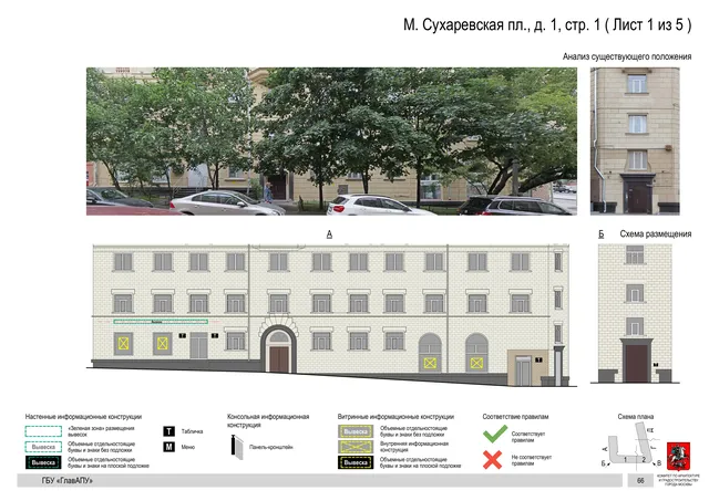 Архитектурная концепция размещения вывесок — Малая сухаревская площадь, 1, стр. 1, Москва, лист 1 из 5 · Документ по адресу · Архитектурно-художественная концепция